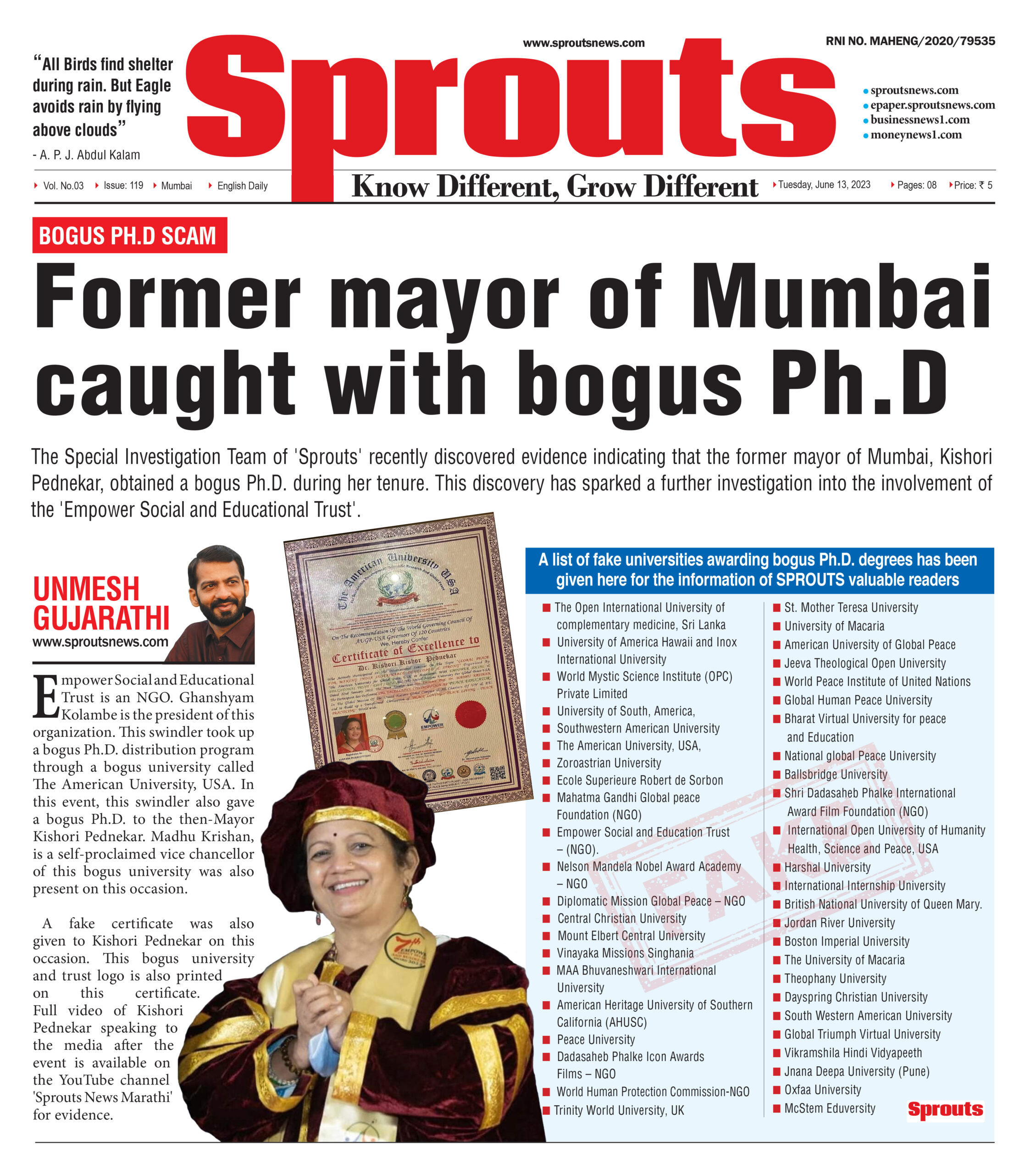 Former mayor of Mumbai caught with Bogus Ph.D
